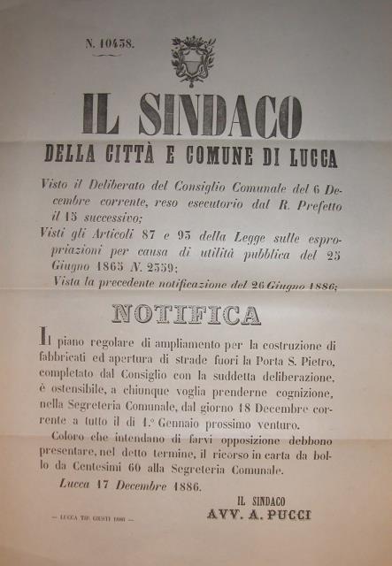 Bando originale n°10438 in cui si comunica l'approvazione del Piano Regolatore d'ampliamento della Città di Lucca, fuori Porta San Pietro