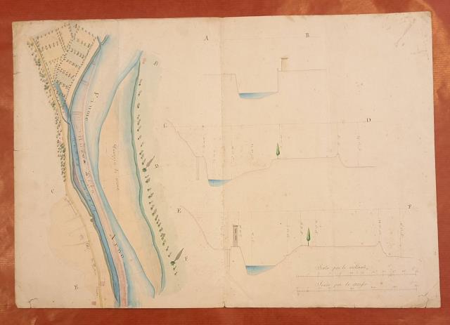 Cabreo raffigurante il passaggio del canale proposto presso le Cave di Uliveto vicino al Fiume Arno. Disegno catastale originale