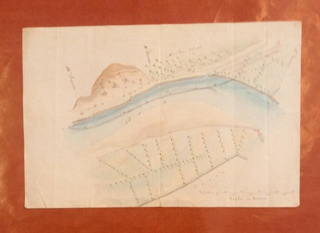 Carta topografica raffigurante il passaggio del canale proposto presso le Cave di Uliveto. Disegno catastale originale