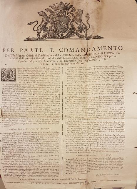 Bando ufficiale dell'Offizio di Fortificazione della Serenissima Repubblica di Lucca