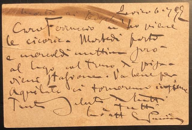 Cartolina postale autografa, datata 6 luglio 1897, inviata da Levico da Giacomo Puccini al pittore e amico Ferruccio Pagni