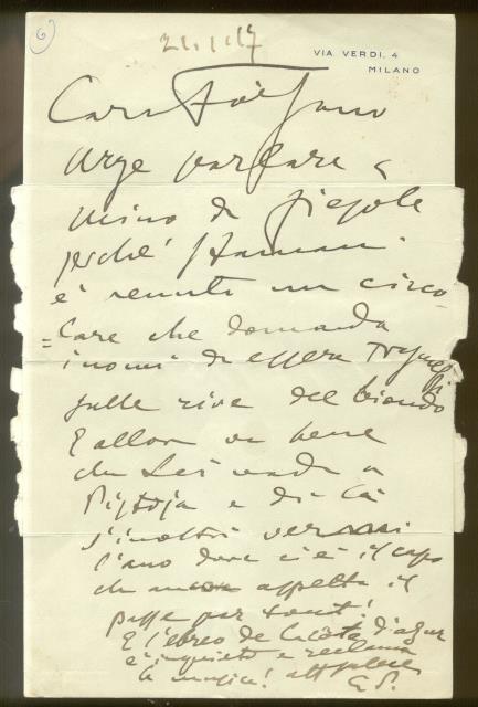 Lettera autografa firmata del musicista Giacomo Puccini, indirizzata al letterato Gioacchino Forzano in data 21 gennaio 1917