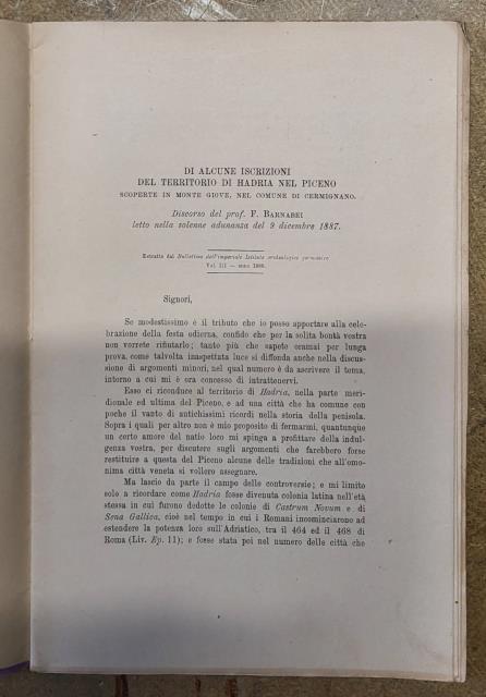 DI ALCUNE ISCRIZIONI DEL TERRITORIO DI HADRIA NEL PICENO SCOPERTE IN MONTE GIOVE; NEL COMUNE DI CERMIGNANO
