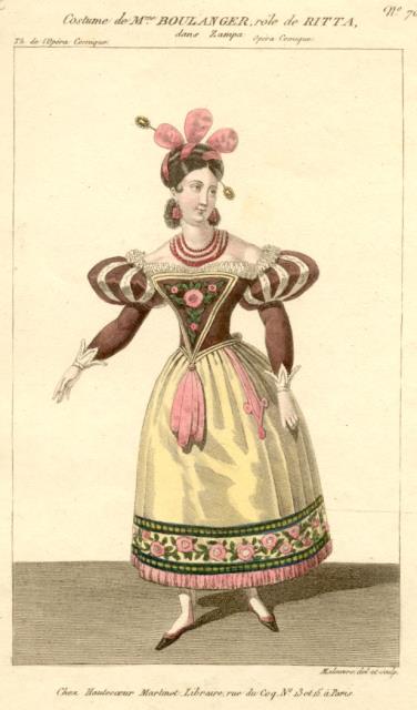 Incisione raffigurante il mezzosoprano Marie Julie Boulanger nel costume di scena di Ritta in "Zampa" di Ferdinand Herold