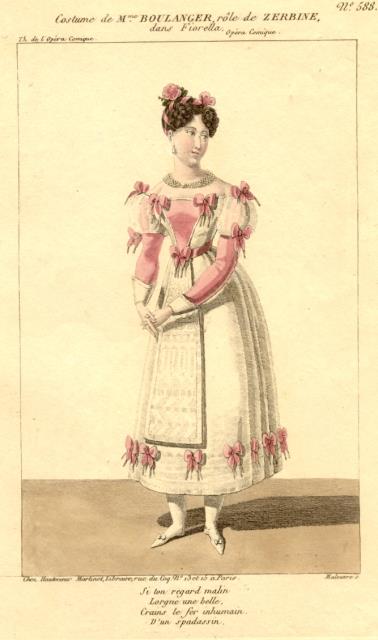 Incisione raffigurante il mezzosoprano Marie Julie Boulanger nel costume di scena di Zerbine ne "Le Muletier" di Ferdinand Herold